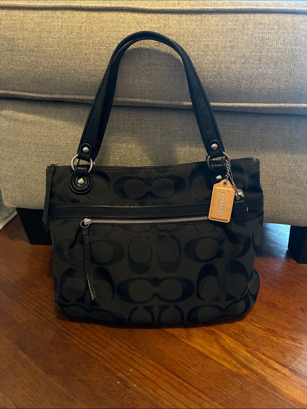 Coach Black Signature Jacquard Shoulder Tote With Tan Leather Tag